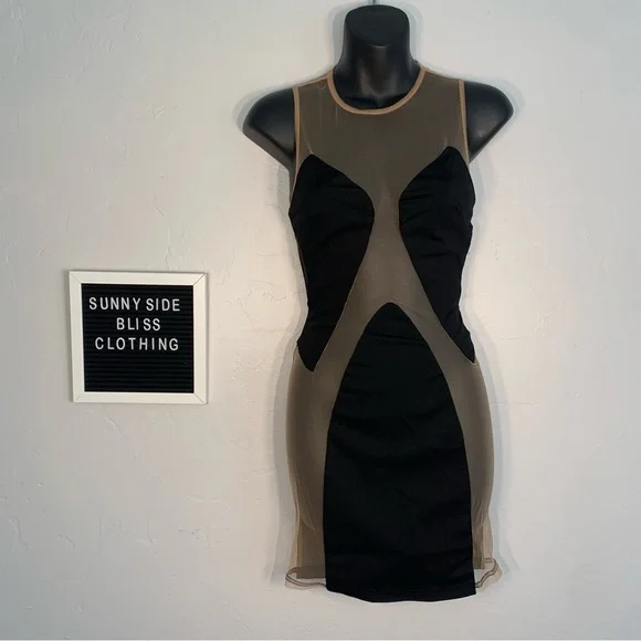Fashion Nova Black Mesh Bodycon Mini Dress Sheer Panel Stretch Size Small - Picture 4 of 10